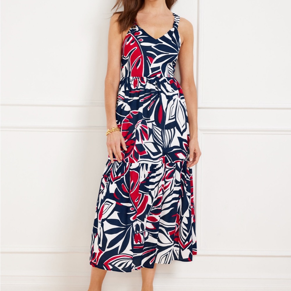 Talbots | Red + Blue Tiered Fit Flare Sleeveless Midi Dress, Expressive Palms